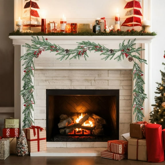 Fmbmuo 6.4ft Artificial Christmas Hanging Vines with Red Berries, Pine Cones & Snow Dusted Decorations - Norfolk Pine Greenery Garland for Home Decor