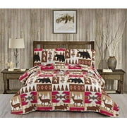 3-Piece Elk Moose Quilt Set Reversible Rustic Lodge Coverlets Christmas Quilts Animal Deer Bear Lightweight Forest Bedspread King Size (96"x108") 2 Pillow Shams