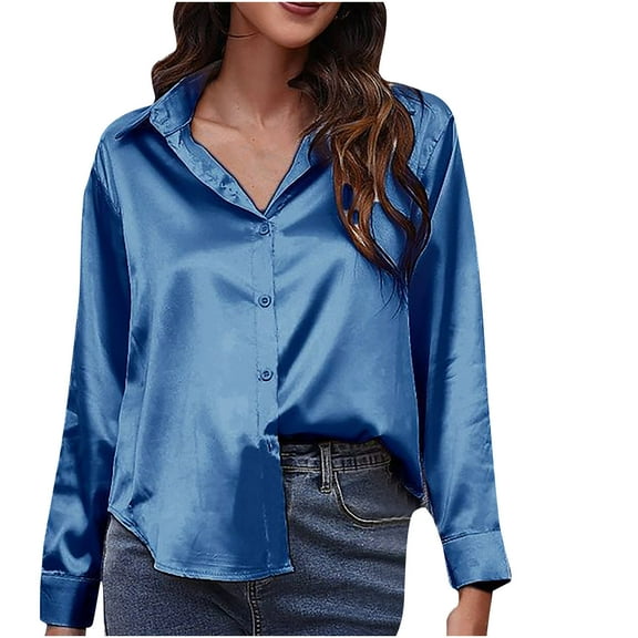 Womens Satin Silk Button Down Blouses Spring Fall V Neck Long Sleeve Tops Loose Casual Business Work Office Shirts