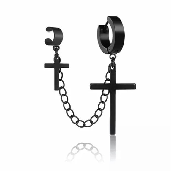 EOEMY Punk 925 Silver Stainless Steel Cross Hoop Earrings Tassel Stud Men Gothic-#3 Black
