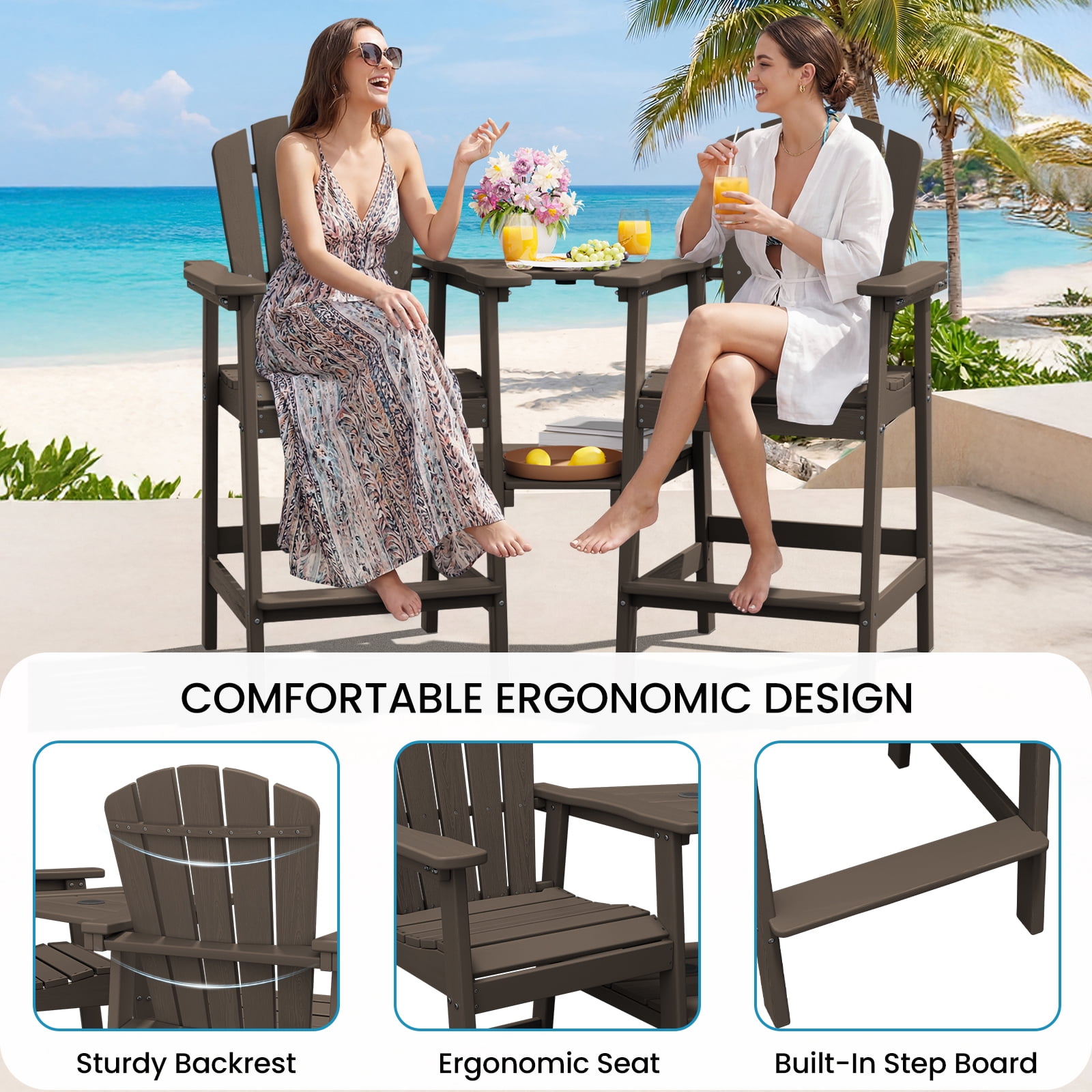 LOYALICE Tall Plastic Adirondack Chair Set of 2 W/ Outdoor Barstools and Connecting Tray, Coffee