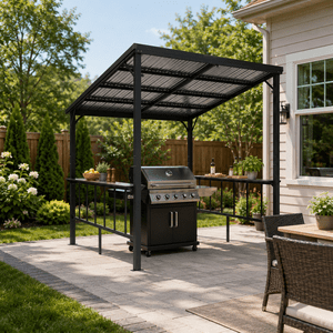 PABIMIA 8x8 FT Outdoor Grill Gazebo Hardtop with Sloped Roof 2 Side Shelves & 5 Hooks Black