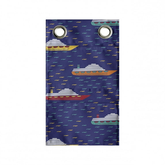 Ship Hanging Pocket Organizer, Repetitive Cartoon Maritime Transport Cruise Boat, Printed Polyester Storage Bag with Pockets, 9" x 27", Indigo Multicolor