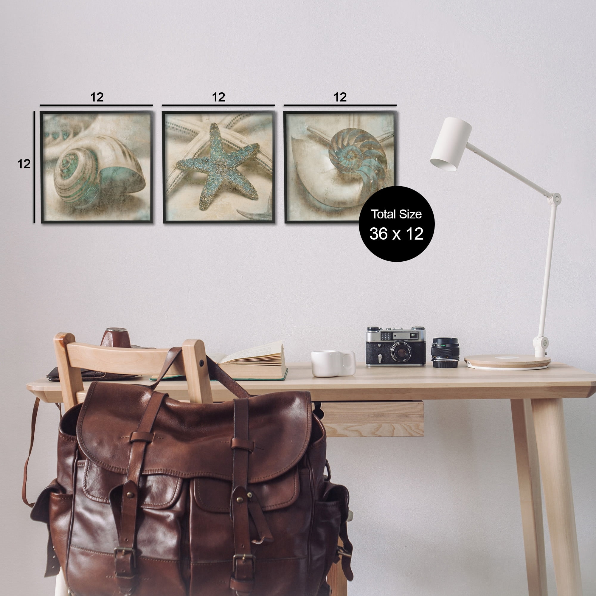 Stupell Industries Star Fish and Sea Shells Distressed Texture Blue Tan Design Framed Wall Art by John Seba, 3 Piece, 12" x 12", Black Framed