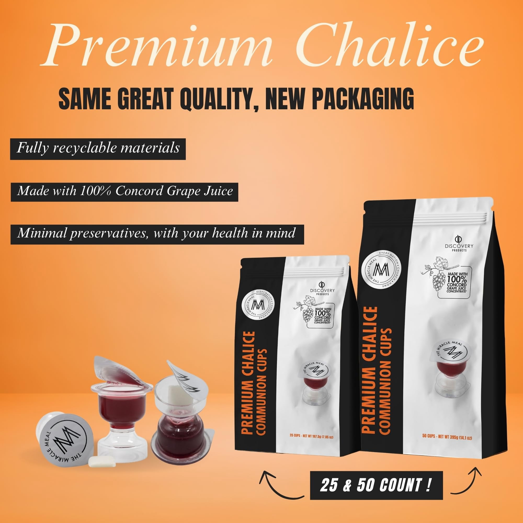 Discovery Products Travel Pack - Pre-Filled Premium Chalice Cup - Bag of 50 with Wafer and 100% Concord Grape Juice