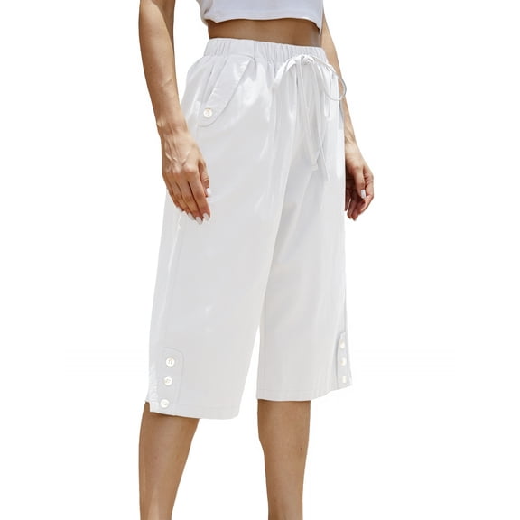 Womens Cropped Pants Drawstring Waist Wide Leg Lightweight Comfort Capris Casual Vacation Trousers with Pockets, White, S