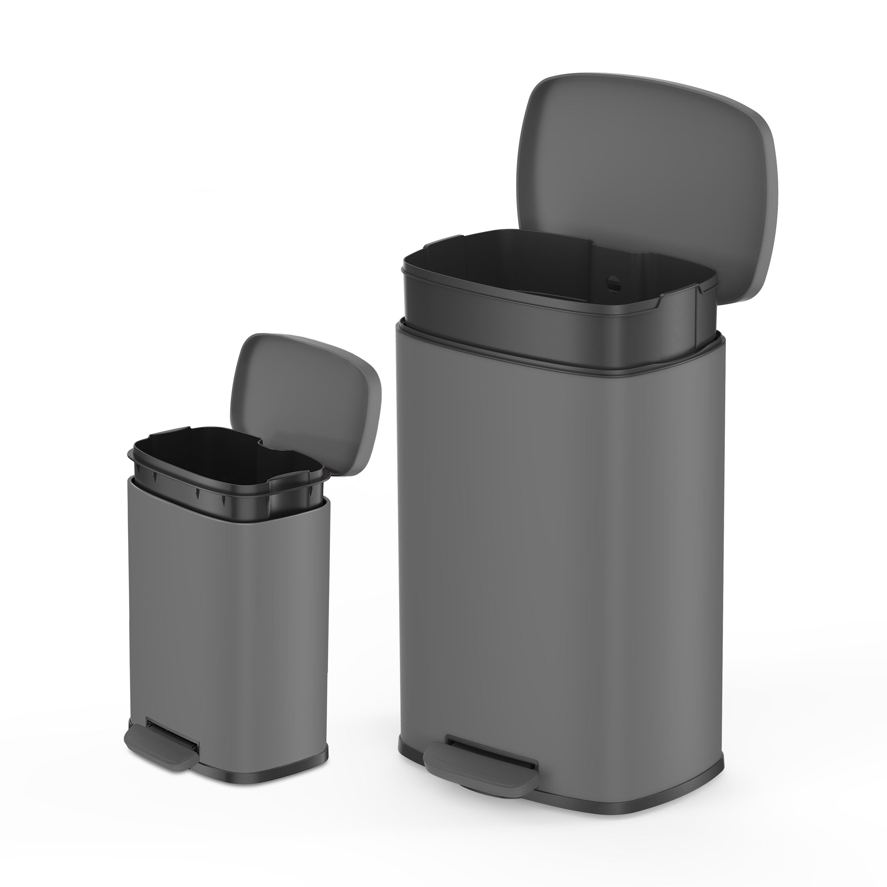 (2 pack) Qualiazero Kitchen Bathroom Trash Can Combo, 13.2 Gallon and 3.2 Gallon Stainless Steel Step Garbage Bin with Soft Close Lid, Matte Gray