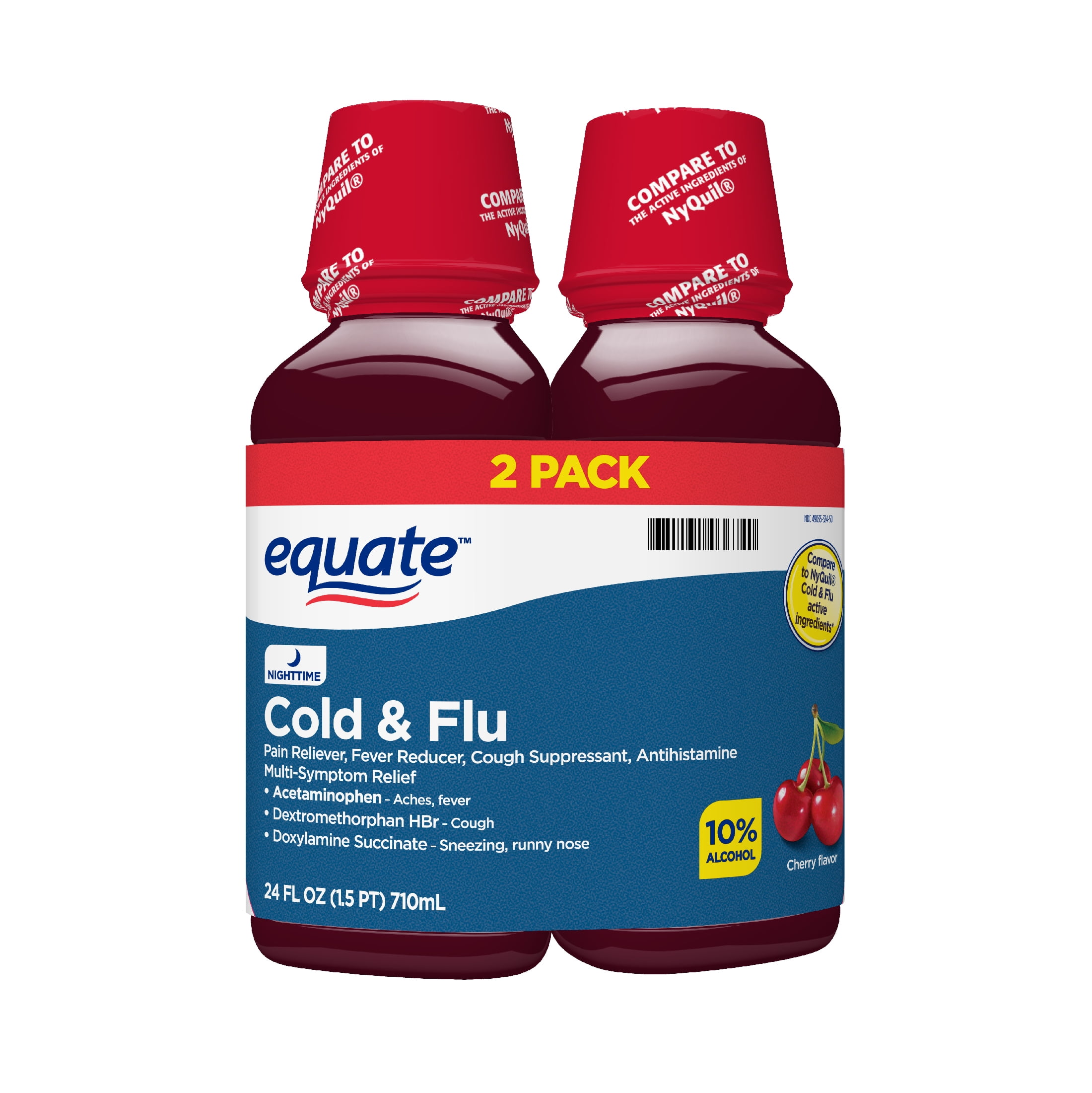 Equate Nitetime Cold & Flu Relief Liquid, Cherry, 12 Oz, 2 Pk