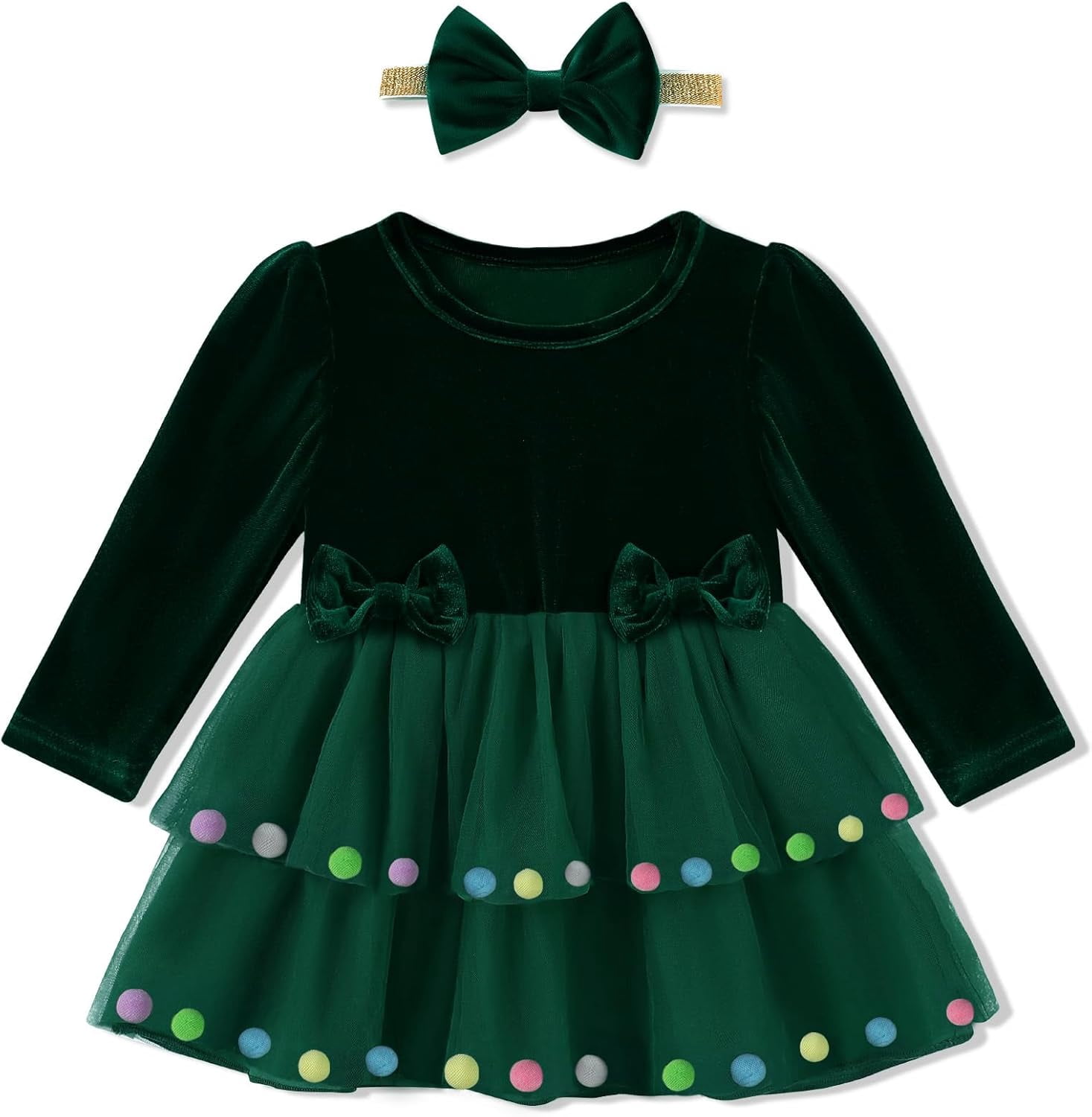 SANMIO Baby Girl Christmas Dress Infant Long Sleeve Holiday Outfit Fall Winter Tulle Velvet Dresses with Headband 3M-3T