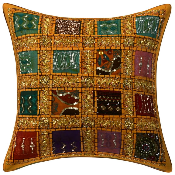 Stylo Culture Ethnic Settee Sofa Throw Pillow Cover 16x16 Patchwork Embroidered Mango Yellow Sequins 40cm x 40cm Home Decor Cotton Geometric Square Cushion Cover | 1 Pc