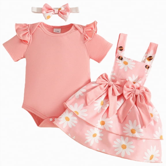 CAUYDY Baby Girl Summer Outfits for Toddler Fly Sleeve Romper & Cute Print Overall Dress & Headband 3PCS Clothes Set for Newborn Infant Girls 12-24 Months (Sizes 9-12 Months,H3-Watermelon Red)