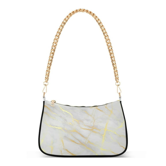 White Marble with Golden Womens Chain Shoulder Bag Tote Handbag Clutch Hobo Purse with Zipper for Travel Casual