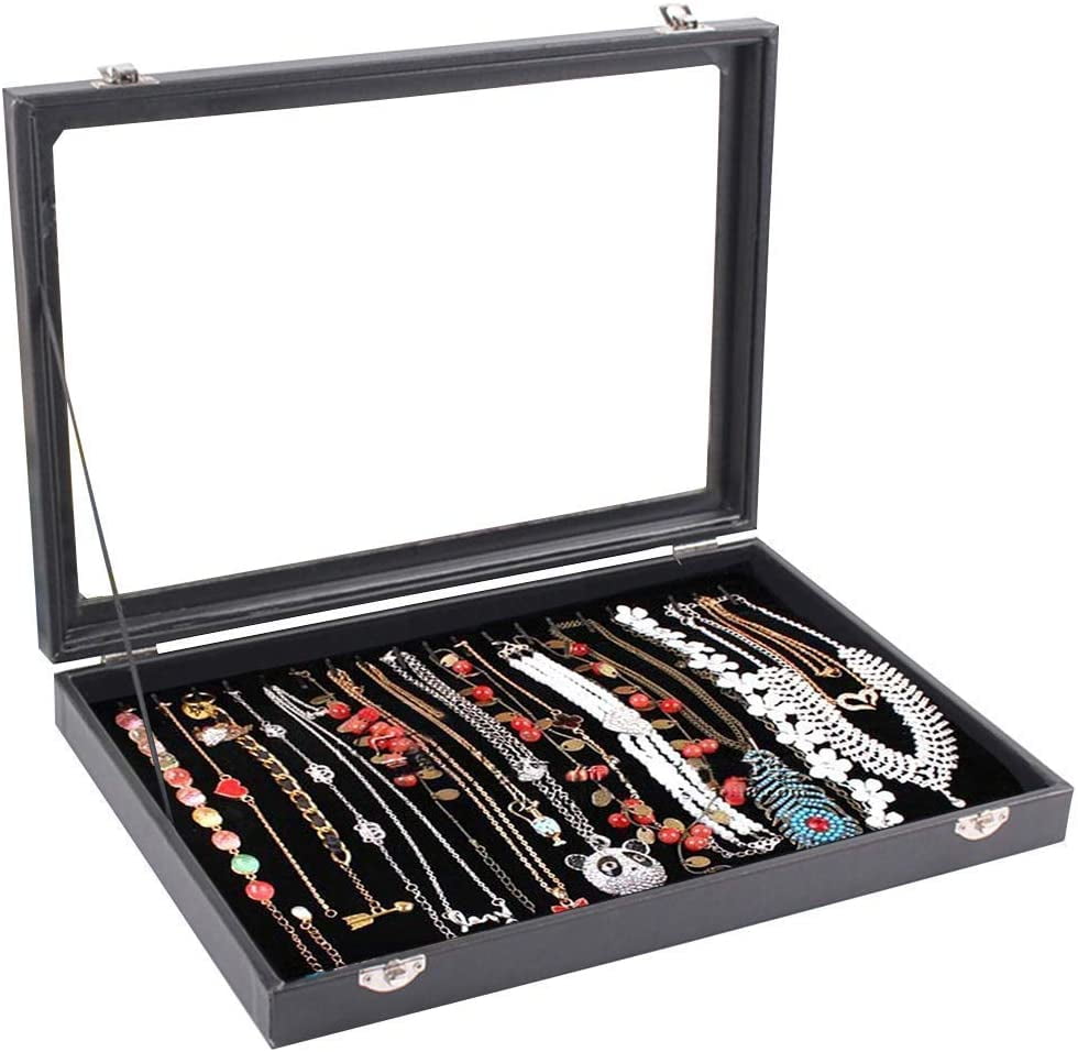 20 Hooks Necklace Tray Storage Box Jewelry Display Stackable Glass Top
