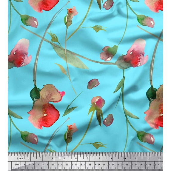 Soimoi Blue Poly Georgette Fabric Leaves & Floral Watercolor Printed Fabric 1 Yard 52 Inch Wide