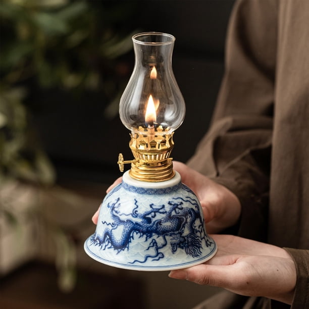 Decoración del hogar, apariencia de metal y cerámica. No requiere fuente de alimentación. Lámpara de aceite de porcelana azul y blanca, lámpara de escritorio, lámpara de camping para exteriores, luz d