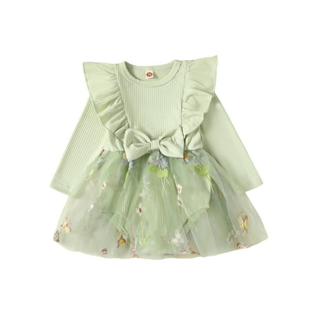 

Qtinghua Newborn Baby Girls Romper Dress Long Sleeve Bow Embroidery Flower Tulle Bodysuit Clothes Green 6-12 Months