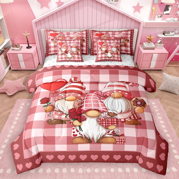 Homewish Girls Teens Kawaii Gnome 7-Piece Twin Bedding Sets,Geometric Plaid Grid Bedding Comforter Set,Romantic Valentine's Day Breathable Sheet Sets,Super Cozy Room Decor,Reversible