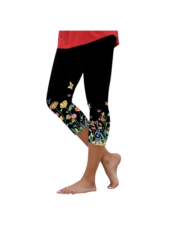 Multi Floral Print High Waist Capri Leggings for Women Black L