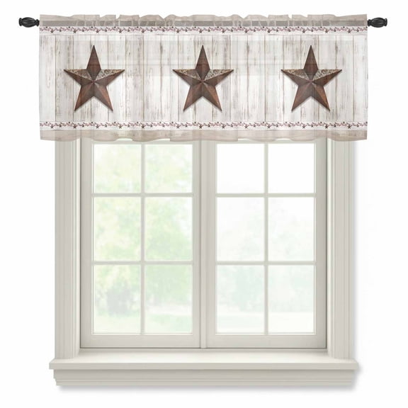 Farmhouse Valance Curtains for Kitchen/Living Room/Bathroom/Bedroom Window, Rod Pocket Small Topper Half Short Window Curtains Voile Sheer Scarf, Rustic Brown Country Star Barn Berry Wooden 54"x18"