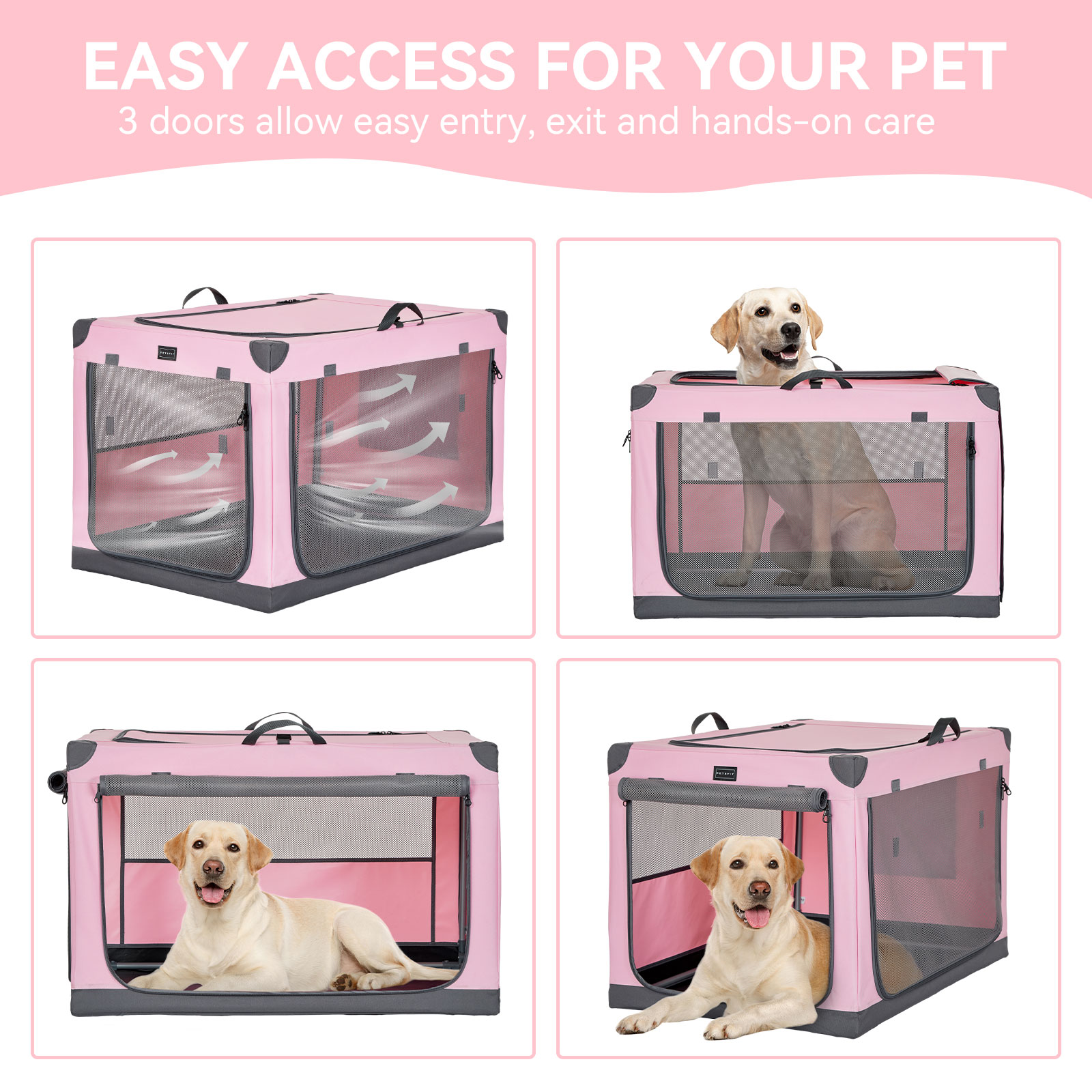 Petsfit 36inch Soft Dog Crate, Adjustable Fabric Cover by Spiral Iron Pipe, Chew Proof Strengthen Sewing Collapsible Dog Crate 3 Door Design,Pink