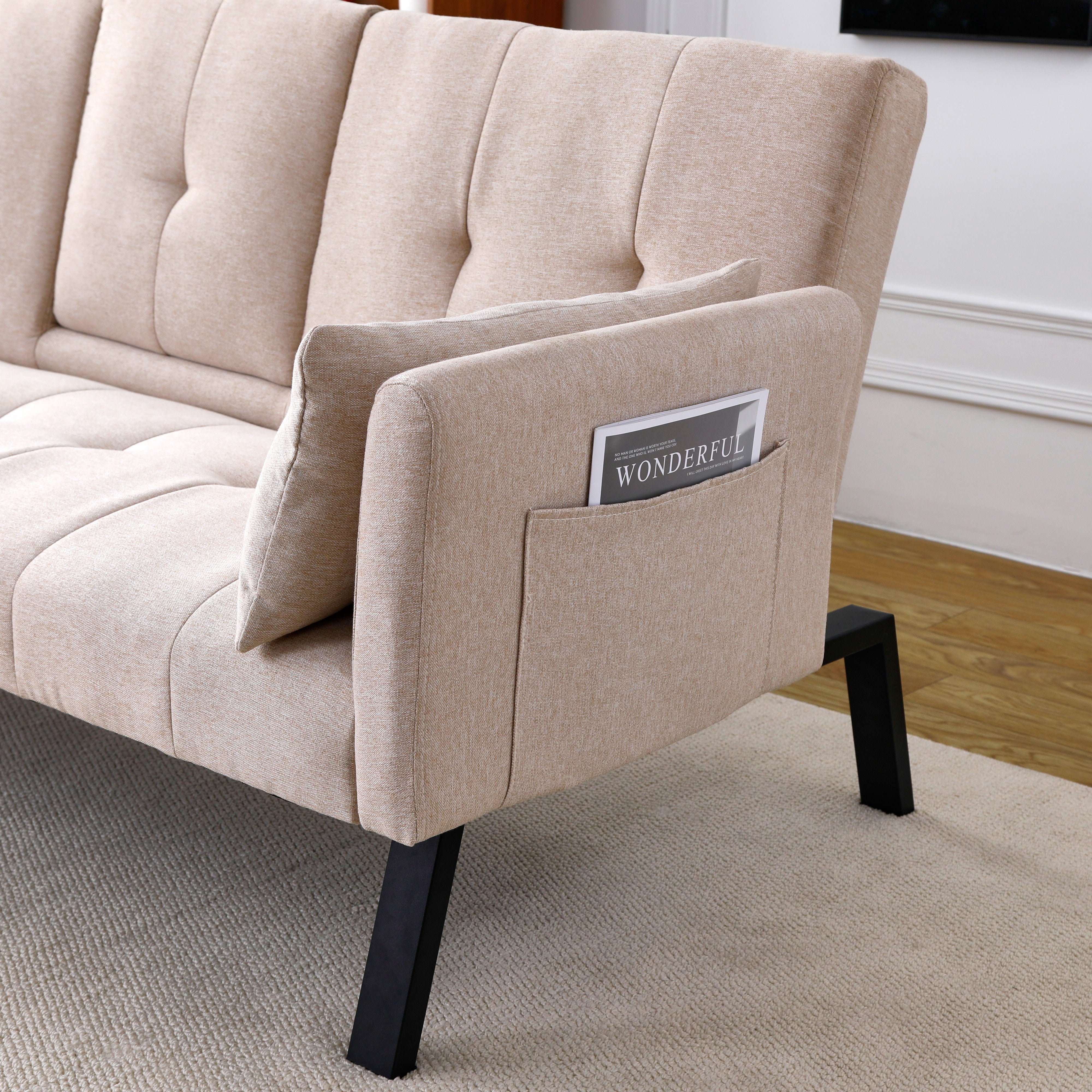 Gewnee 70''Foldable Sofa Bed,2-in-1 Convertible Couch With Adjustable Backrest、Cup Holder & Armrest Storage.Suitable for Small Spaces,Apartments.Beige