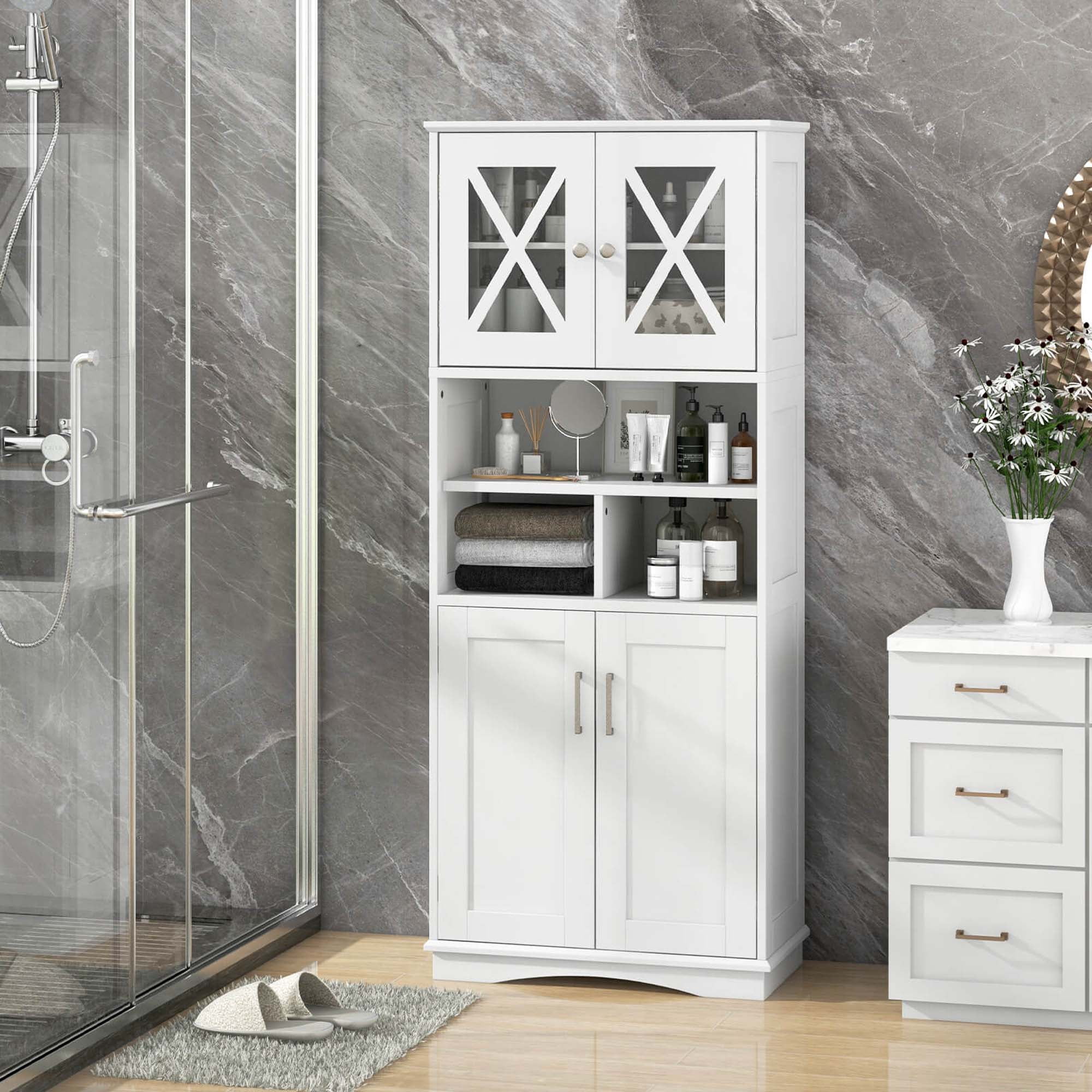 Costway Tall Bathroom Cabinet Large Floor Storage Cabinet with Acrylic Doors & 3 Cube White
