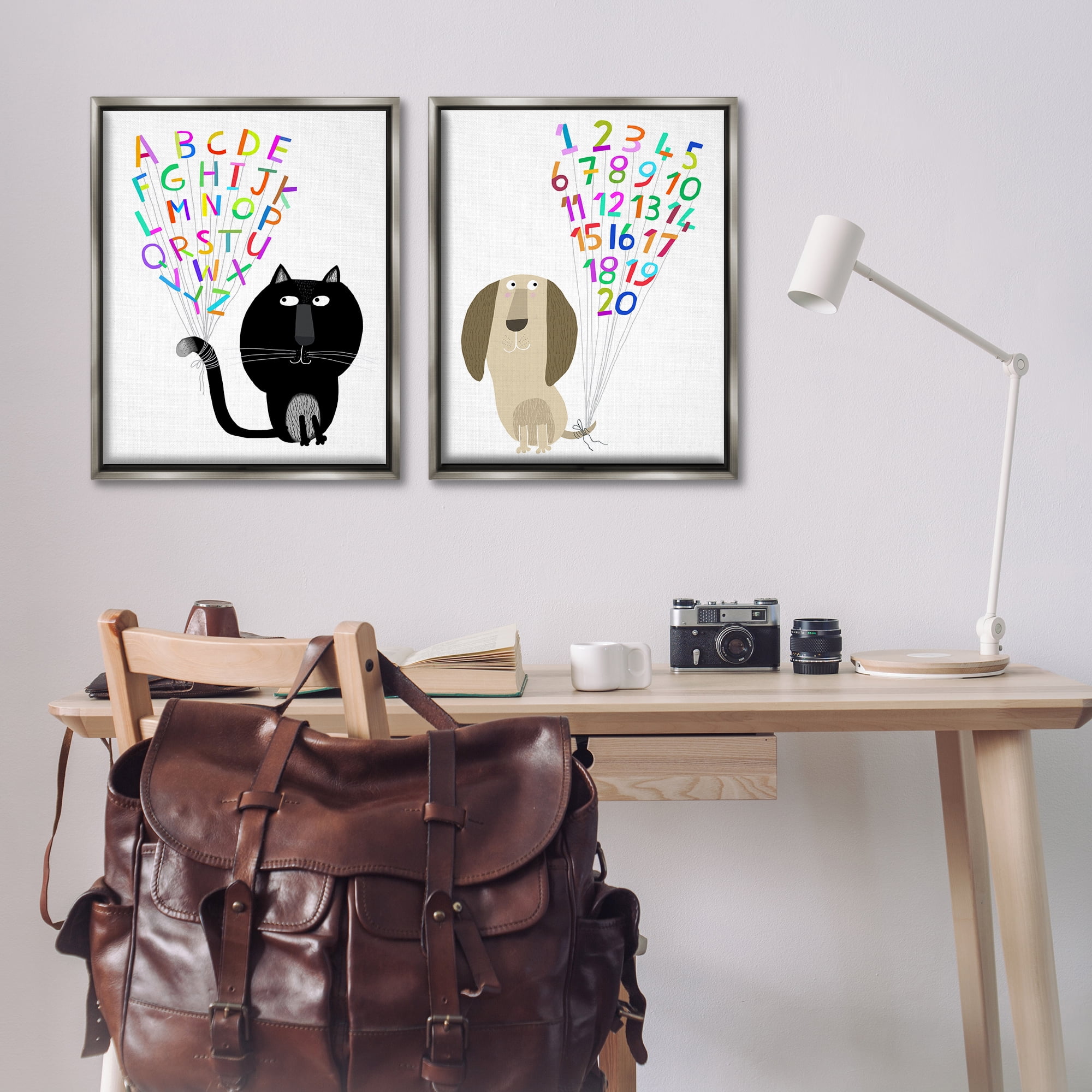 Stupell Industries Cat Dog Alphabet Numbers Education Painting Gray Floater Framed Canvas Art Print Wall Art, 31 x 25, Set of 2
