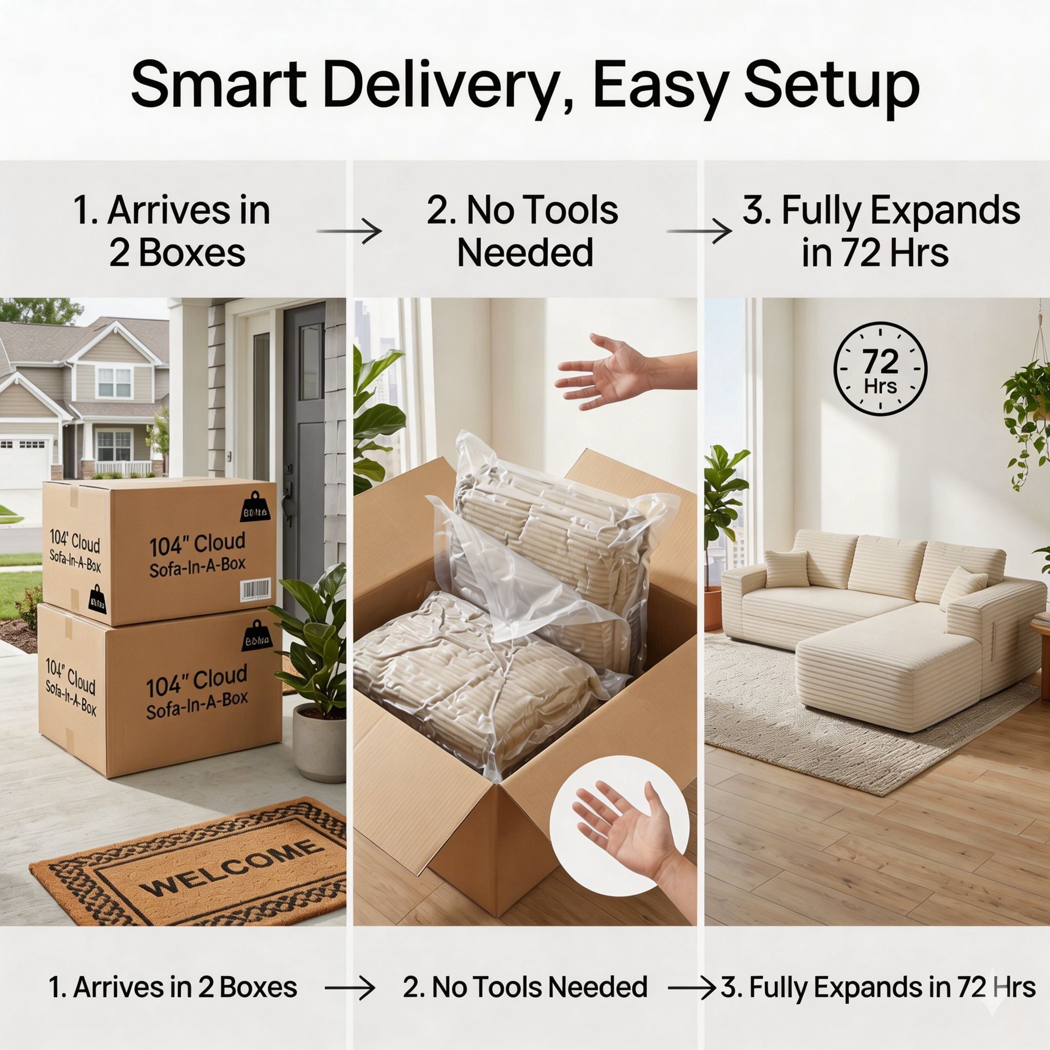 104" Cloud Sectional Sofa with Chaise, L-Shaped Corduroy Couch for Living Room, Zero Assembly, Memory Foam & Pocket Spring, Arrives in 2 Boxes, Right Facing (Beige)