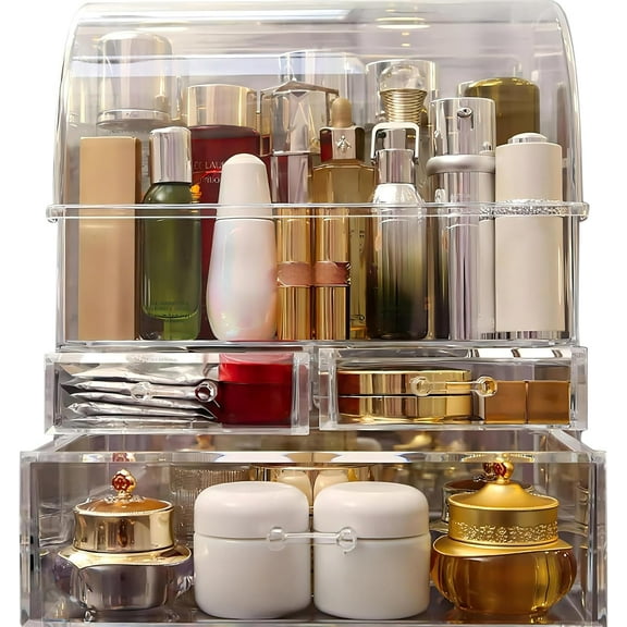 Clear Large Acrylic Makeup Organizer With Lid Cosmetic Storage Drawers Portable Makeup Organizers Dustproof And Waterproof Box For Women (14in)