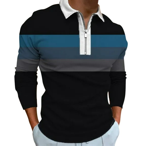 Ketyyh-chn99 Mens Polo Shirt Fall Clothes Men's Golf Polo Shirts Long Sleeve Collar Tennis Shirt Color Block Striped Work T-Shirt Black,3XL