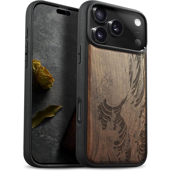Case for iPhone 17 Pro Max Case, Artisan Printed & Black Soft TPU Shockproof Cover, Wave Reimagined, Walnut