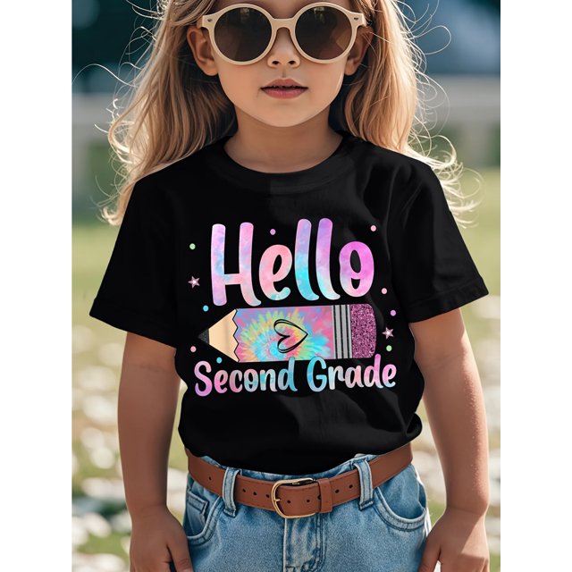 Hello, Second Grade" Leopard Print Tie-Dye Pencil Design Youngsters' T-Shirt - Fun & Back-to-School aesthetic, Casual Round Neck Tee for Boys & Girls, Summer Wear, Pencil Shirt