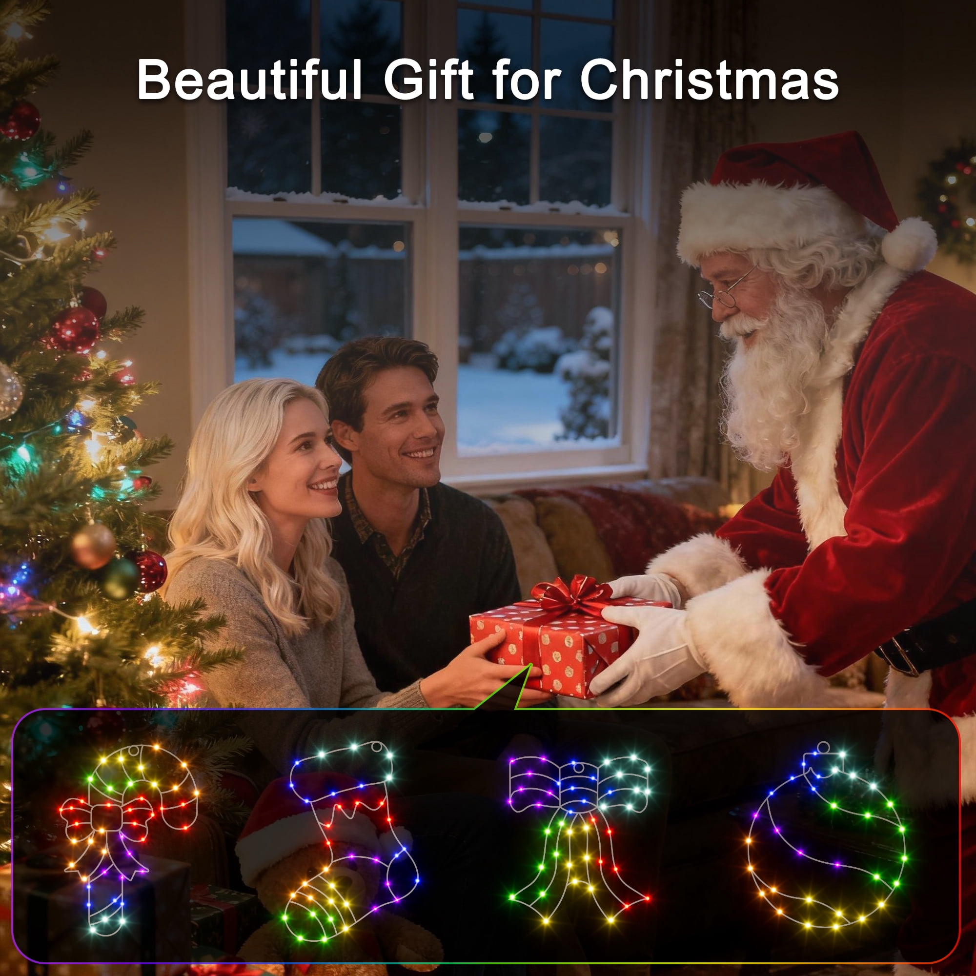 Beatineon Christmas Window Silhouette Lights, APP Controlled RGB Indoor Motif Lights with 4 Festive Designs(Ball,Socks,Crane,Bow), Remote, Timer & Music Sync for Holiday Home Decor