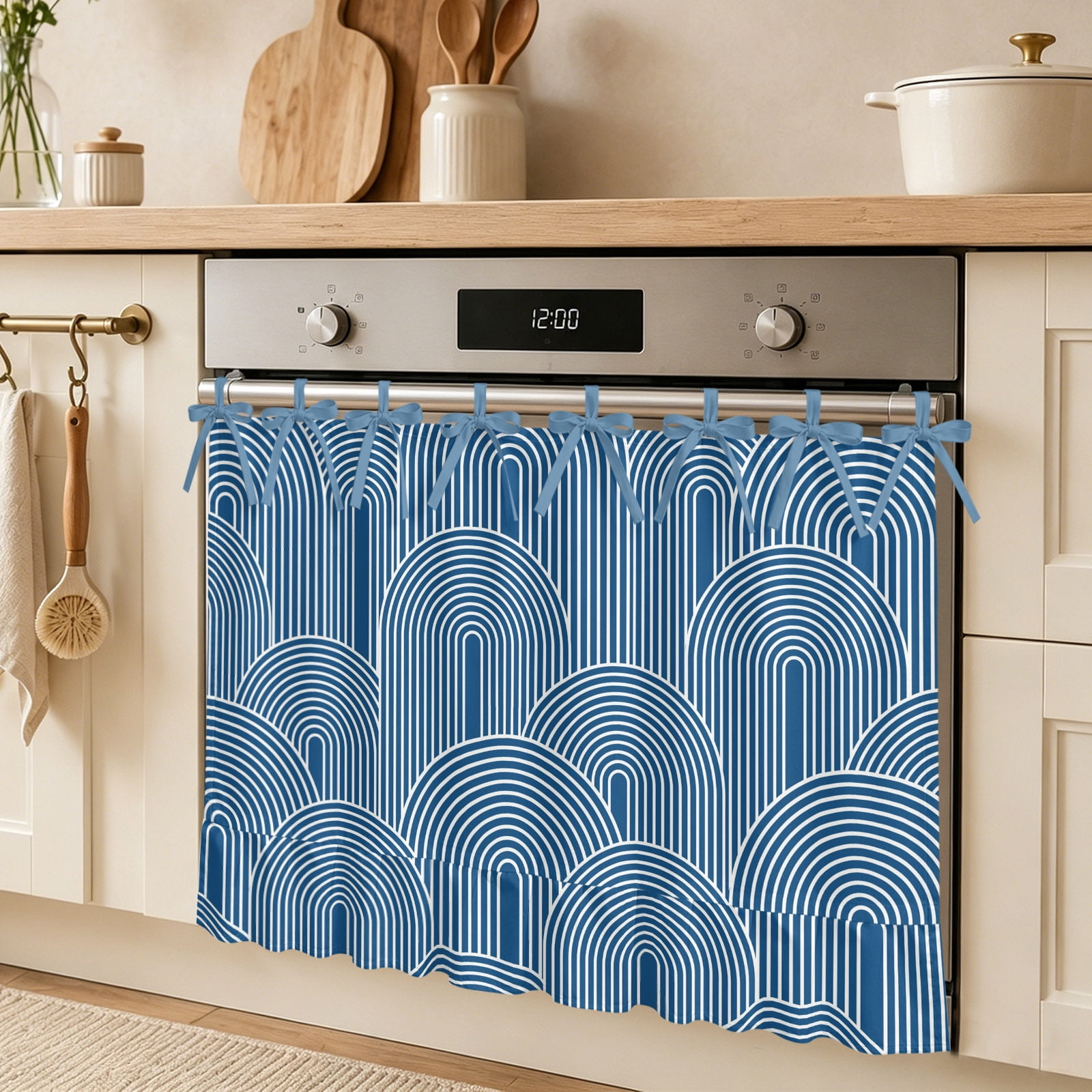 Navy Blue Bohemian Oven Skirt Curtain Abstract Stripes Texture Geometric Pattern Tie Top Tier Curtains Stove Dishwasher Skirt Small Window Drapes for Kitchen Bathroom Cafe 30 x21.5