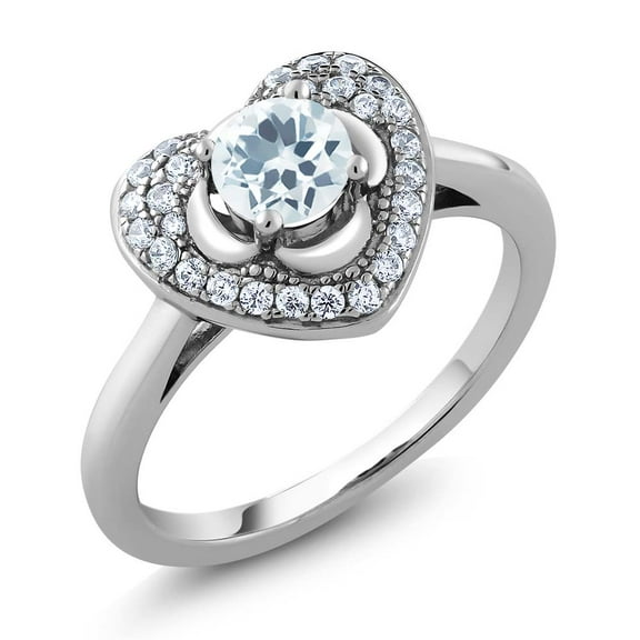 Gem Stone King 0.67 Ct Round Sky Blue Aquamarine 925 Sterling Silver Heart Ring (Size 5)