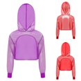 thumbnail image 2 of Hansber Fashion Girls Jazz Hip-Hop Dance Crop Top See-through Metallic Shiny Cropped Hoodie Sweatshirt Purple 10, 2 of 7