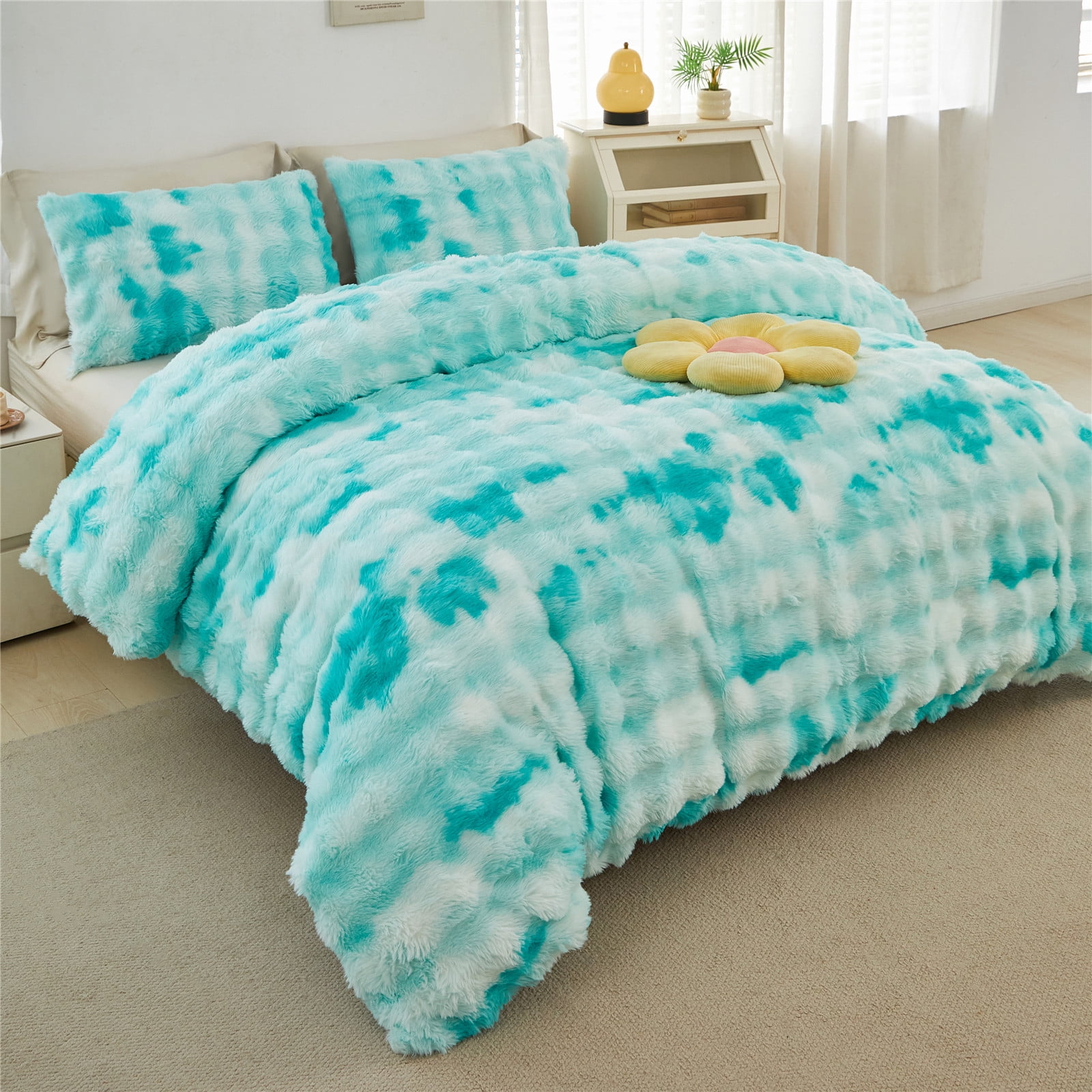 RYNGHIPY 3 Pieces Full Bedding Comforter Sets Faux Fur Bedding Set Mint Green Bubble Comforter Set Tie Dyed Plush Bed Comforter Set Soft Fluffy Bed Set