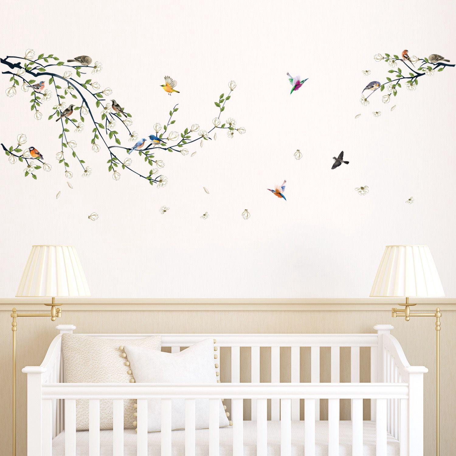 4 Sheets Magnolia Branches Wall Decals White Flowers Wall Stickers DIY Removable Colorful Birds Wall Sticker Petals Falling Home Decoration for Girls Bedroom Living Room Kitchen Bathroom TV Backgroun
