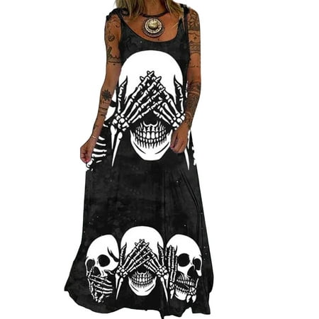 

ASNOUIFU Women Summer Dress Shoulder Straps Tie Skull/Skull Rose/Rhinestone Skull Scoop Neck Dress Ladies Loose-Fits Long One-Piece