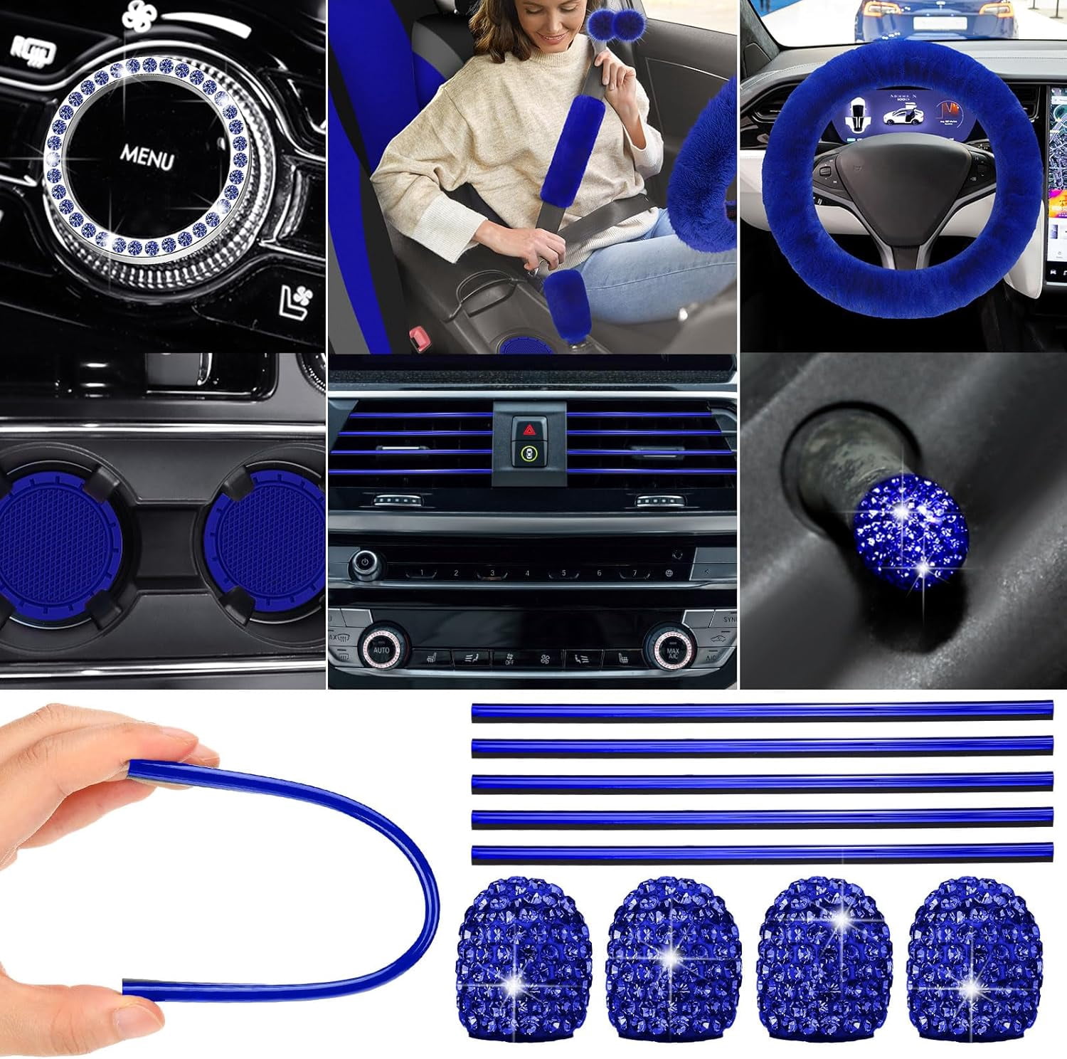 chalian 47 Pcs Car Seat Cover Full Set Car Accessories for Front Rear Seat Fluffy Steering Wheel Cover Belt Automotive Floor Mats Air Conditioner Decoration Strip(Blue)
