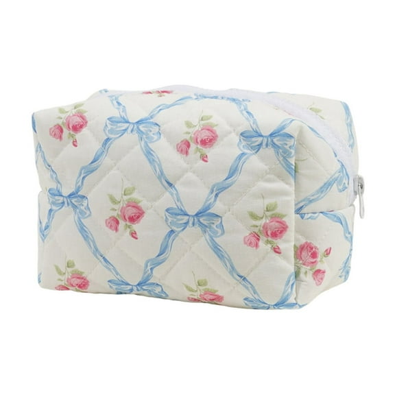 Makeup Bag Floral Large Cute Cosmetic Bag Cotton Puffy Makeup Organizer Coquette Travel Makeup Pouch Portable Zipper Toiletry Storage Bag for Women Girls (Blue)