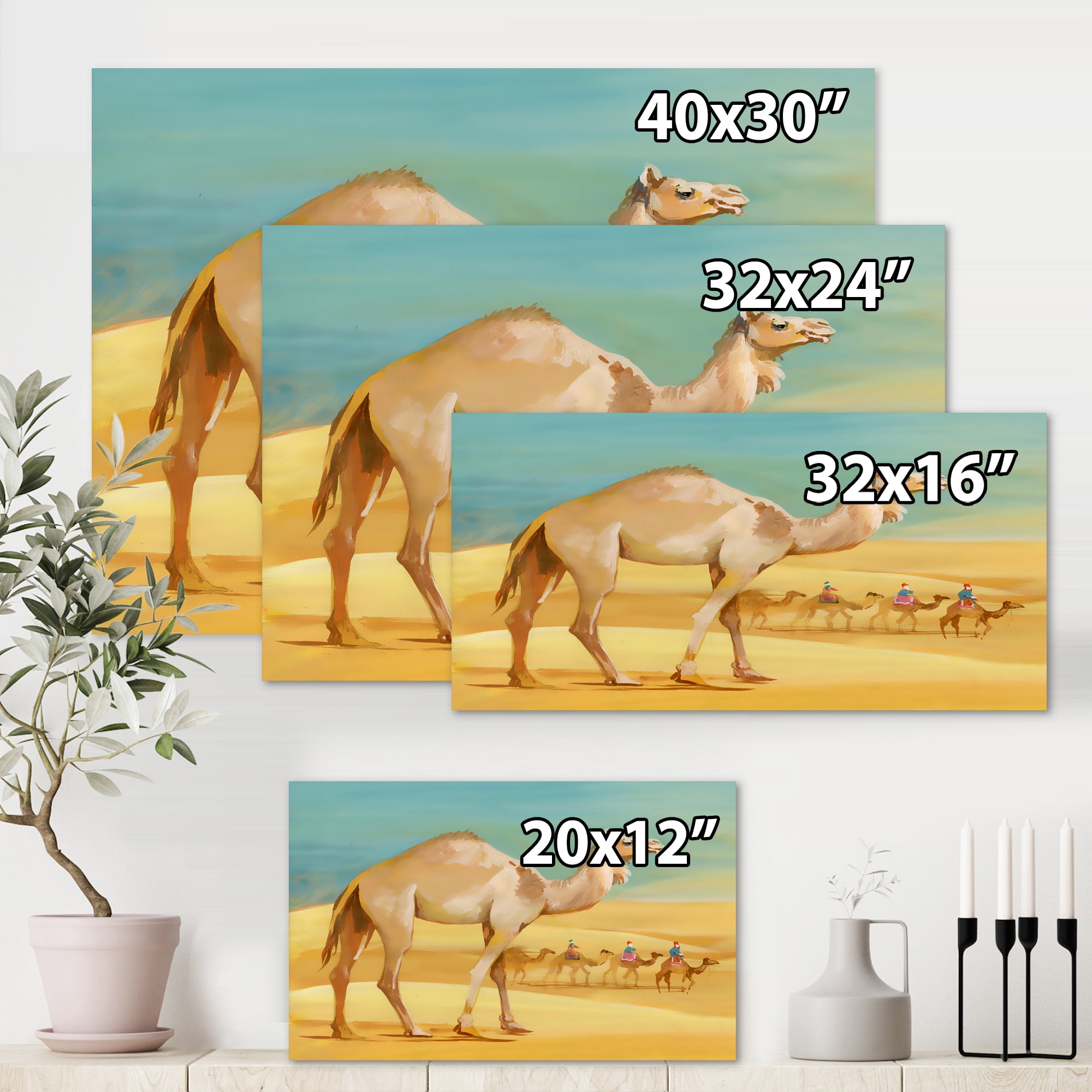Camels In Wild Desert I 8 in x 12 in Painting Canvas Art Print, by Designart