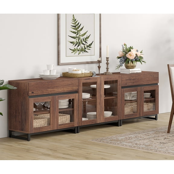 WAMPAT Storage Cabinet with Glass Doors, 3 in 1 Modern Sideboard with Adjustable Shelves and 2 Drawers, Coffee Bar Cabinet for Living Room, Kitchen, Brown