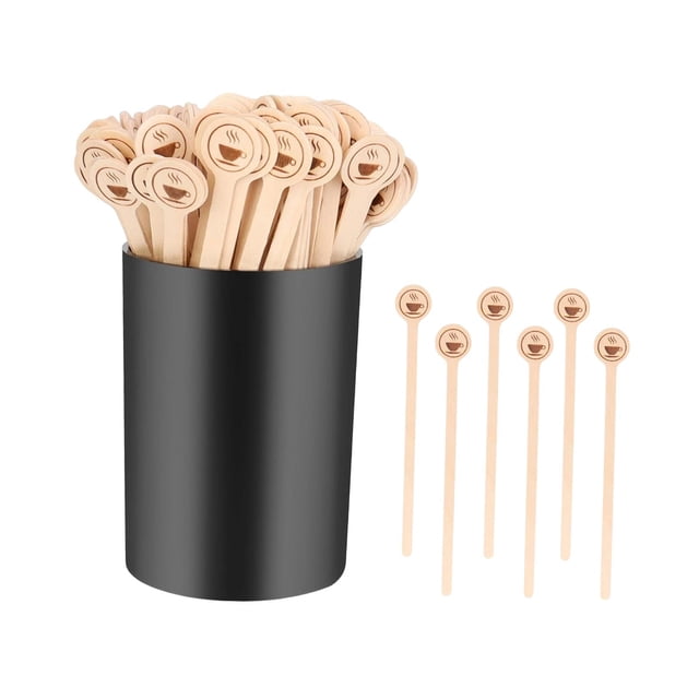 Juego de 100 agitadores de café de madera con soporte y recipiente de almacenamiento, extremos redondos de 14 cm (5,5 pulgadas) para mezclar té, bebid