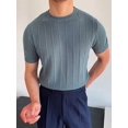 thumbnail image 6 of Men'S Round Neck Short Sleeve Thin Bottoming Shirt Casual Ribbed Knitted Pullover Top Solid Color T-Shirt Blue L, 6 of 8
