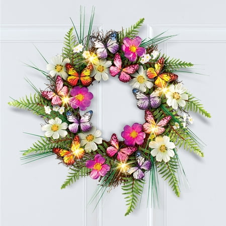 Wreath Greenery Collections Etc Lighted LED Multi-Colored Butterfly Wreath with Greenery - Seasonal Window or Door Accent for Any Room in Home ()