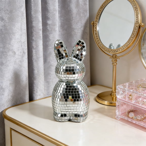 AZXY Easter Decoration, 6.1in Disco Ball Mirror Bunny Figurine, Silver Sparkly Rabbit Statue, Spring Tabletop Decor for Home Indoor Outdoor Party Supplies