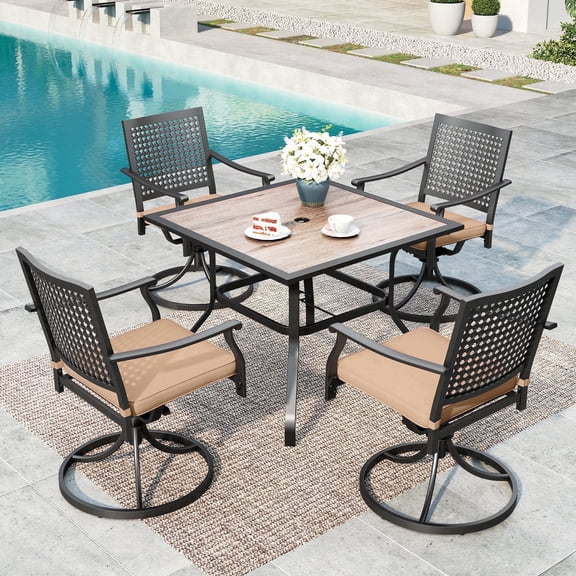 SUMMIT LIVING 5-Piece Outdoor Patio Dining Set with 4 Swivel Armchairs with Cushions (Weight Capacity 350 lbs) & 1 Square Wood Grain Table with Umbrella Hole, Black & Brown