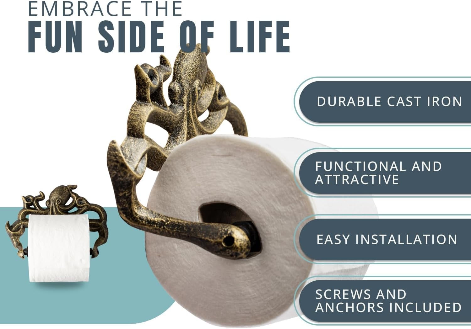 Comfify Cast Iron Octopus Toilet Paper Roll Holder, Wall Mounted Bathroom Tissue Holder with Mounting Hardware, Gold and Black