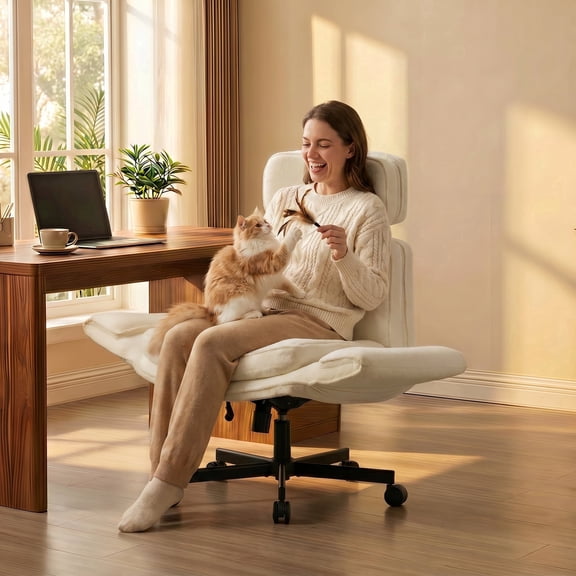 Peispie Criss Cross Office Chair with Adjustable Arms, Sherpa Cross Legged Desk Chair with Headrest, Wide Seat High Back Swivel Computer Office Chair for Home Office, Beige